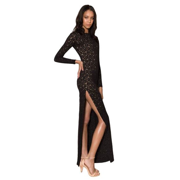 Grace Loves Lace Kiki Black Lace Long Sleeve Side Slit Formal Maxi Gown - Picture 1 of 6